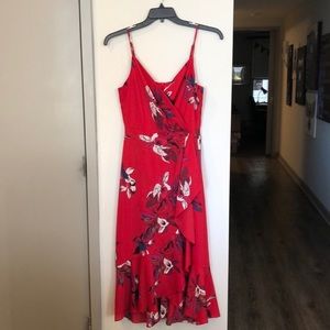 Red floral midi dress with ruffle